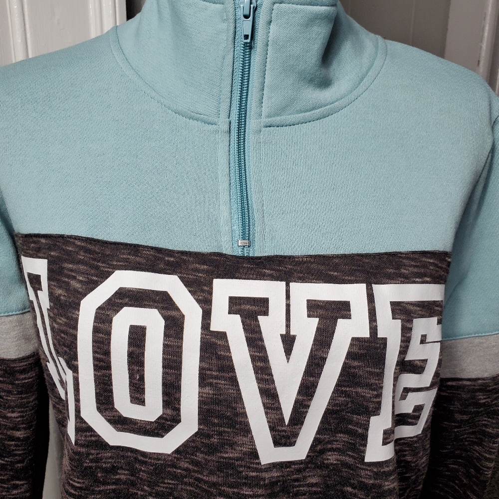 TEAL, WHITE, & BLACK & BROWN BLENDED PULLOVER "LOVE" 1/4 ZIP PULLOVER SWEATSHIRT - Picture 2 of 15